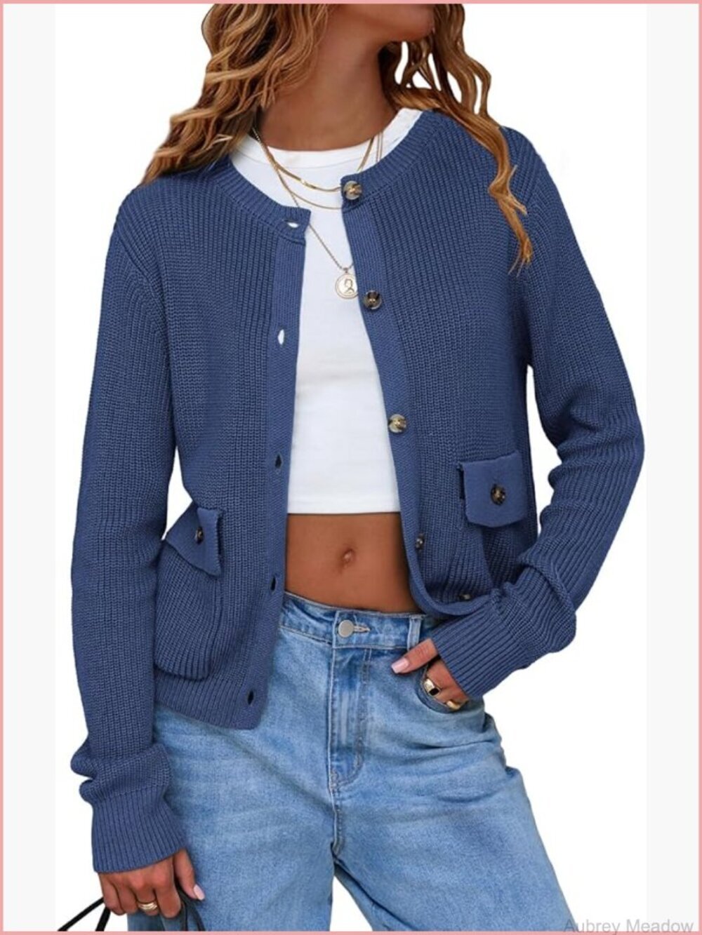 Knit Cardigan Sweater Crewneck Open Front Button Jacket with Pockets